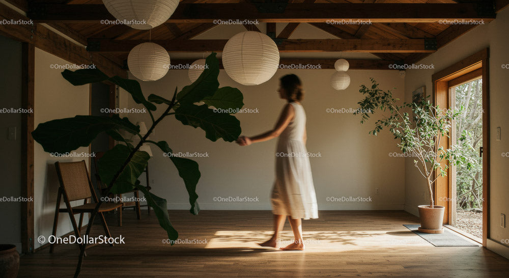Elegant Woman Walking in a Bright Minimalist Home Interior