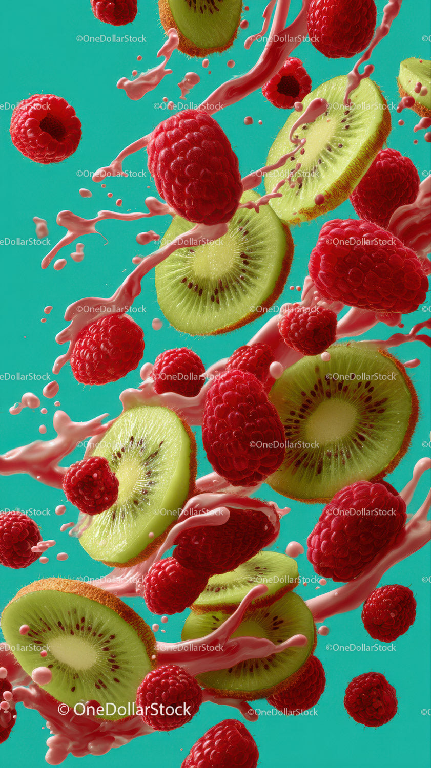 Colorful Fruit Splash with Raspberries and Kiwi in Midair