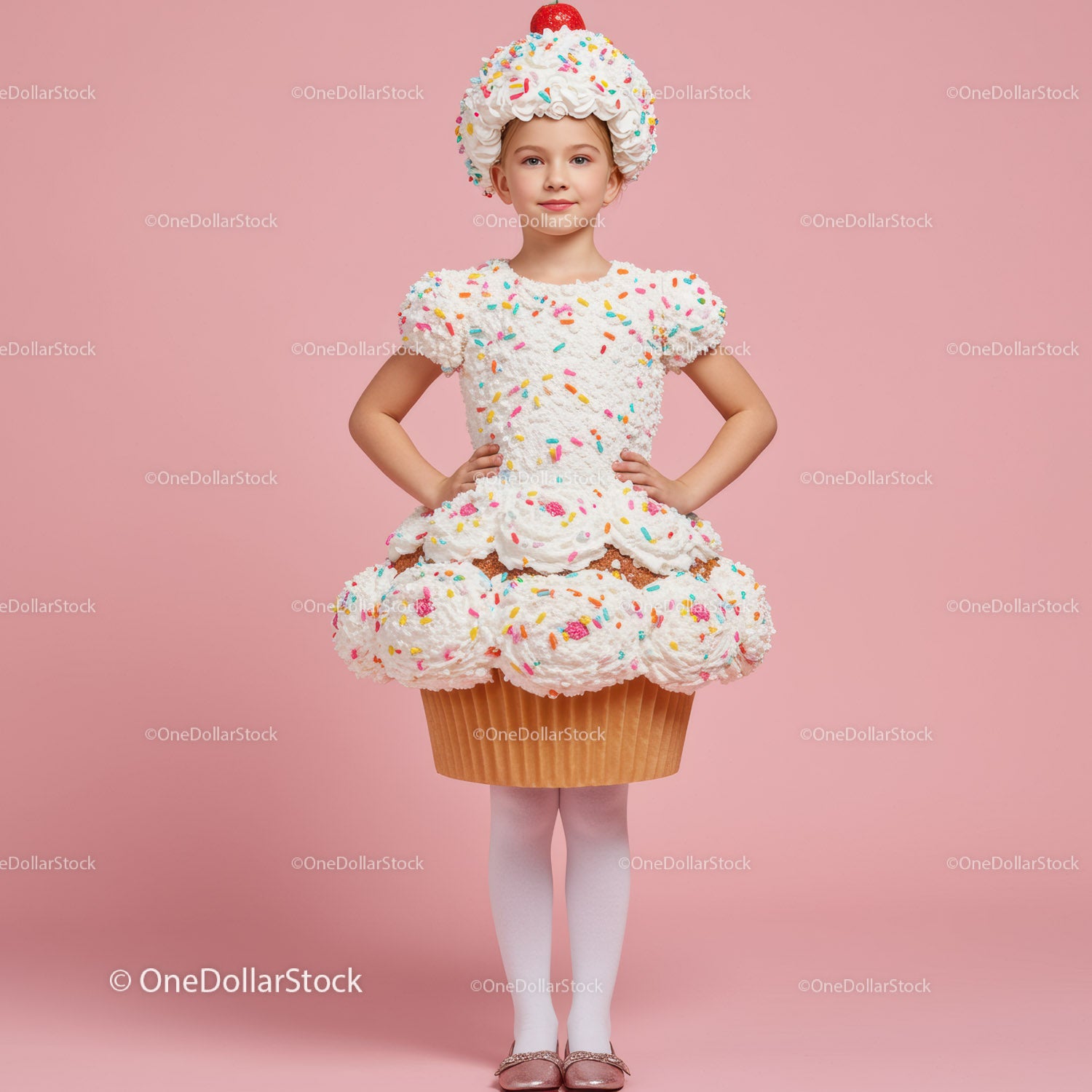 Little girl wearing creative cupcake costume on pink