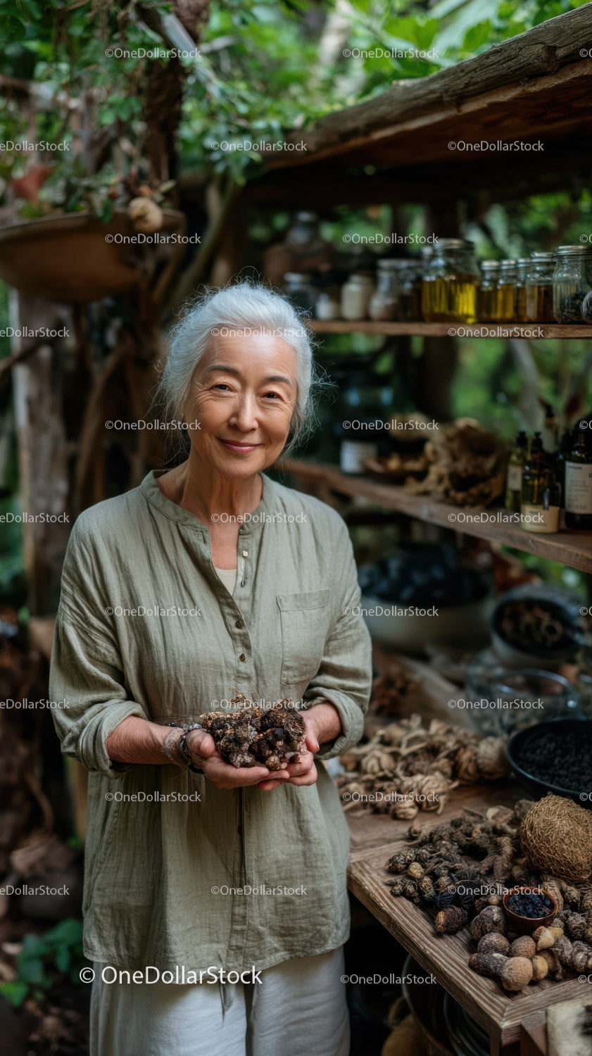Elderly Woman with Gray Hair Holding Truffle in Forest Garden Scene