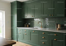 Modern Green Kitchen Cabinets with Copper Hardware and Marble Countertop