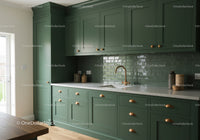 Modern Green Kitchen Cabinets with Copper Hardware and Marble Countertop
