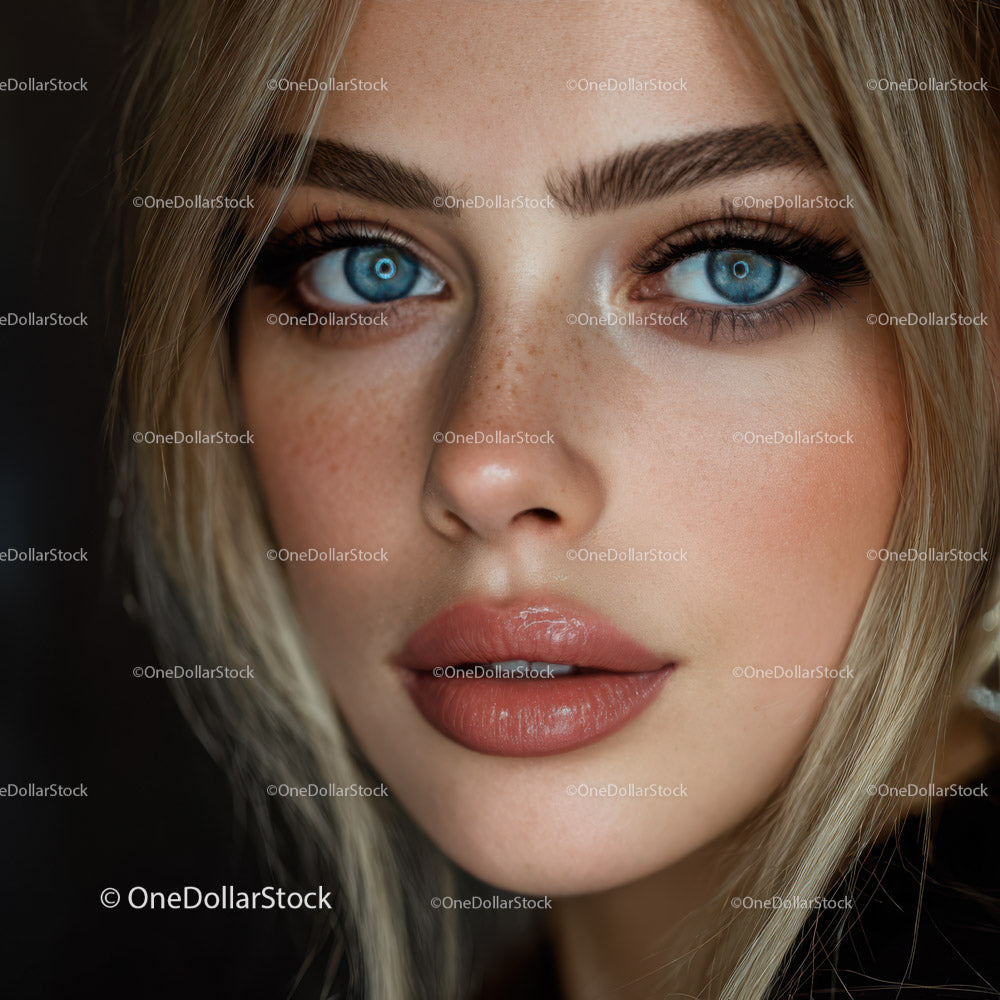 Close-Up Portrait of Blonde Woman with Blue Eyes and Natural Makeup