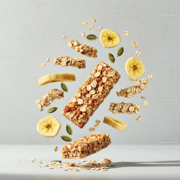 Healthy Granola Bars with Banana Chips and Seeds Floating