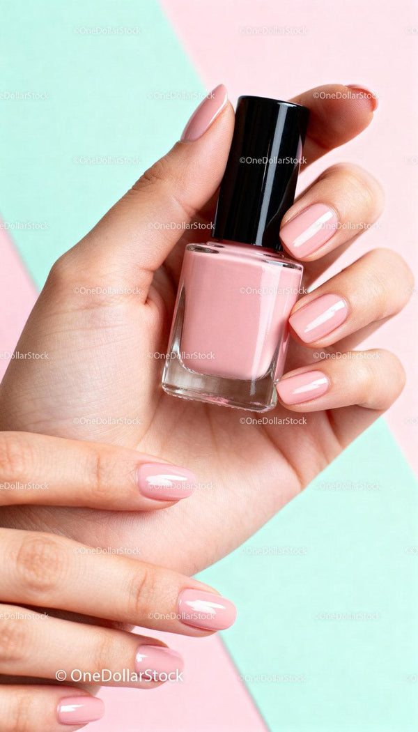 Close up of hands holding pink nail polish bottle