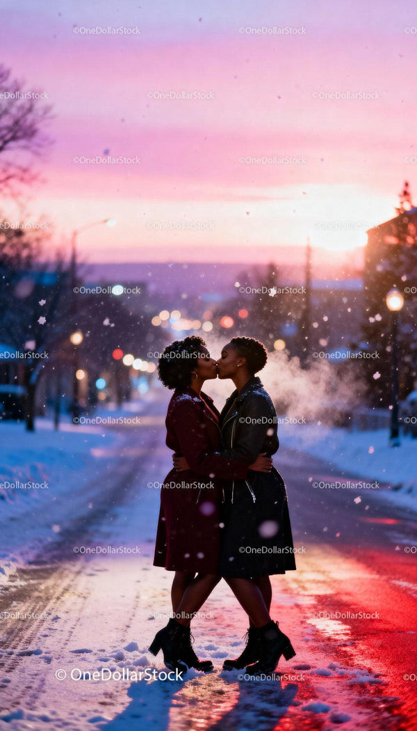 Couple sharing a tender kiss on a snowy evening street