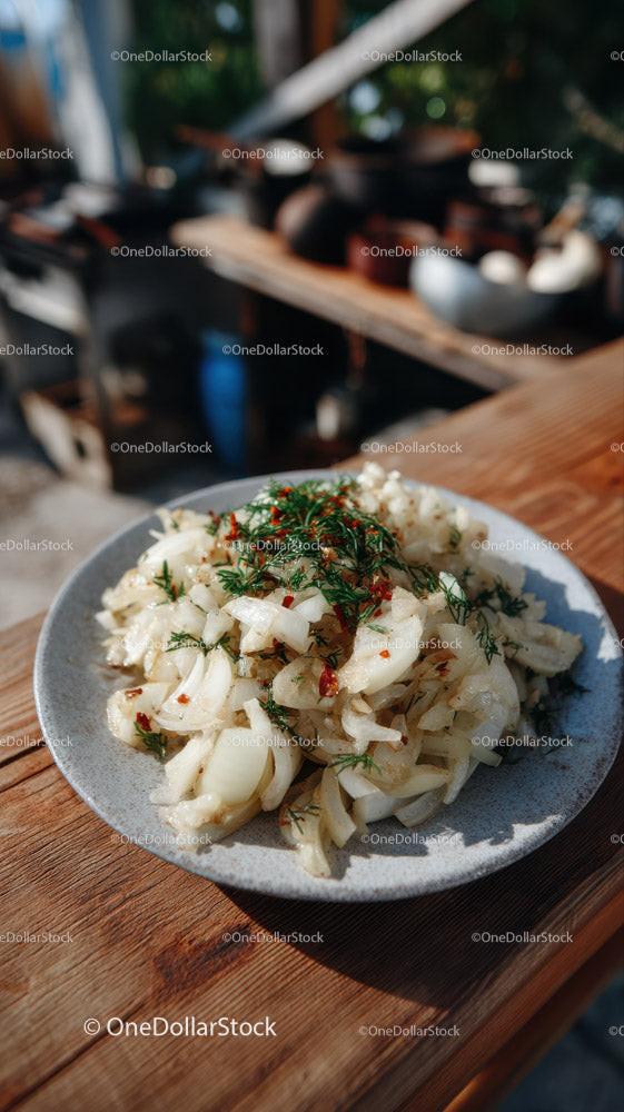 Fresh Pickled Onions with Herbs on Rustic Wooden Table