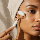 Close-up of Woman Using Jade Roller for Facial Skincare Beauty