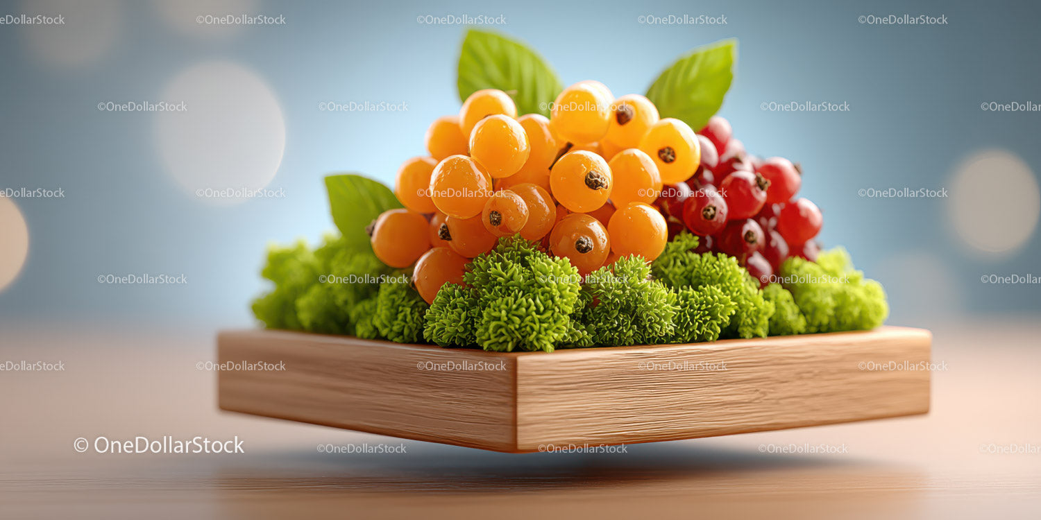 Colorful Currants and Fresh Green Lettuce on Wooden Tray