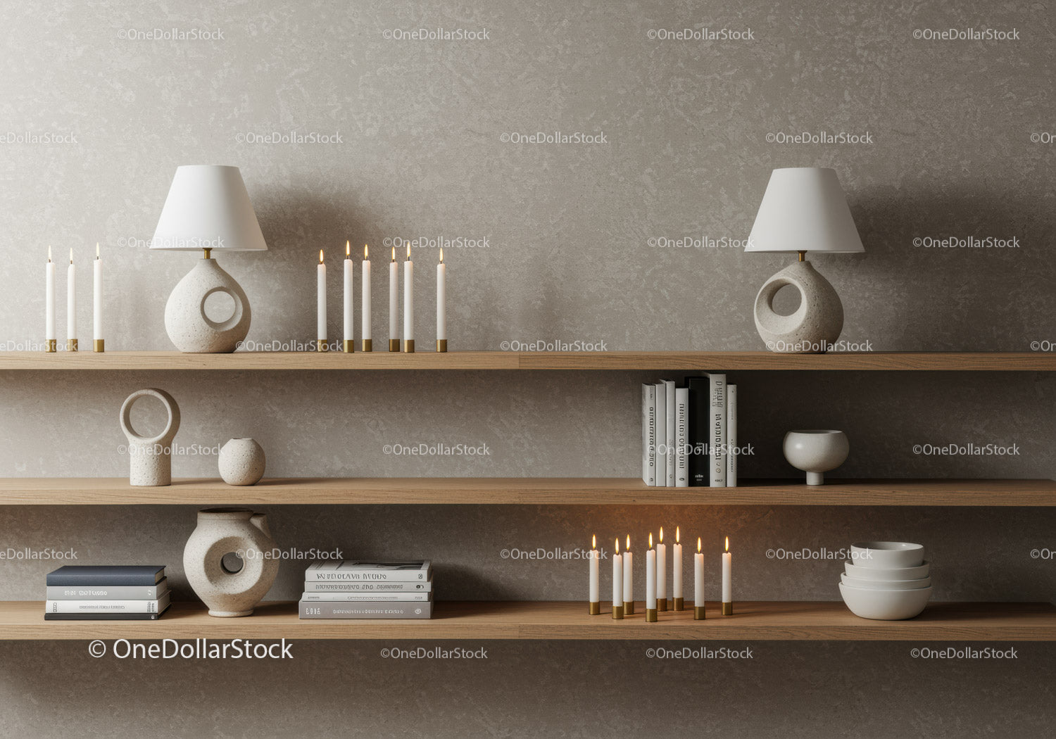 Minimalist wooden shelves with modern decor and candles