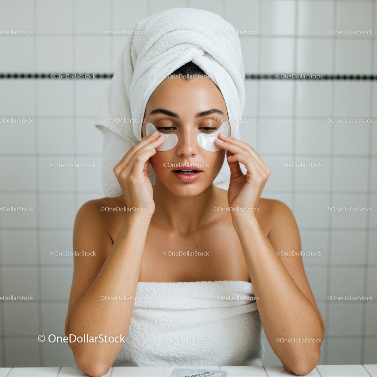 Young woman applying under eye patches in bathroom