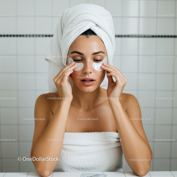 Young woman applying under eye patches in bathroom