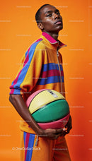 Vibrant Young Woman in Colorful Sportswear Holding Basketball