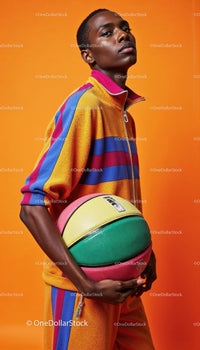 Vibrant Young Woman in Colorful Sportswear Holding Basketball