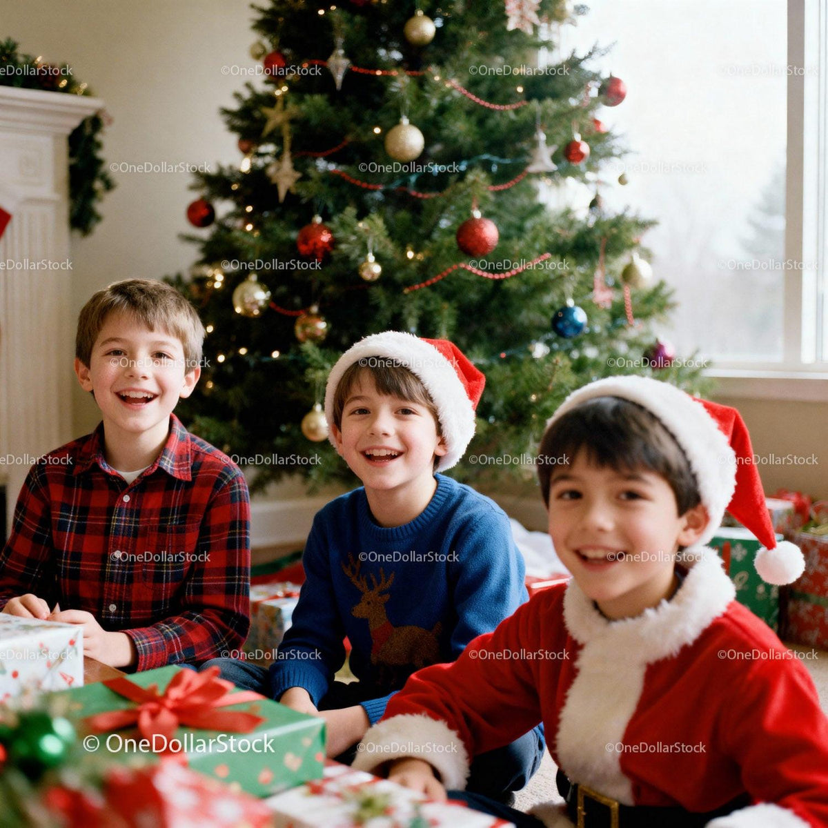 Happy children celebrating Christmas with gifts indoors