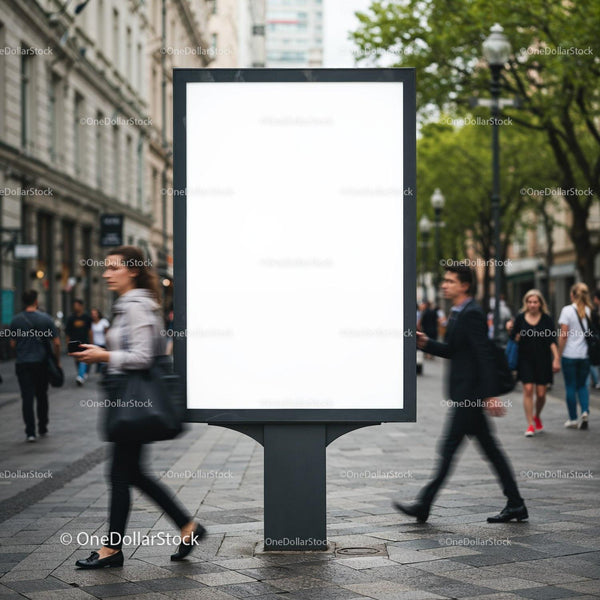 Blank urban billboard with blurred pedestrians walking by JPG Mockup Image