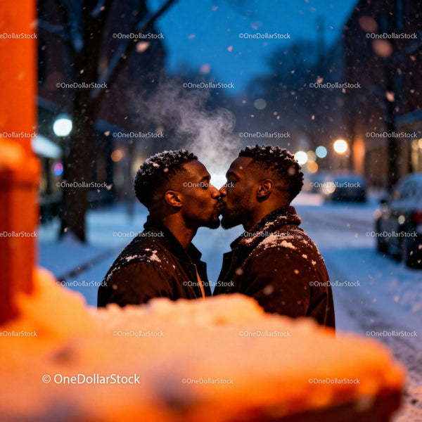 Couple sharing a tender kiss in snowy evening