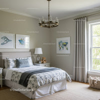 Elegant Bedroom with Patterned Bedding and Large Window
