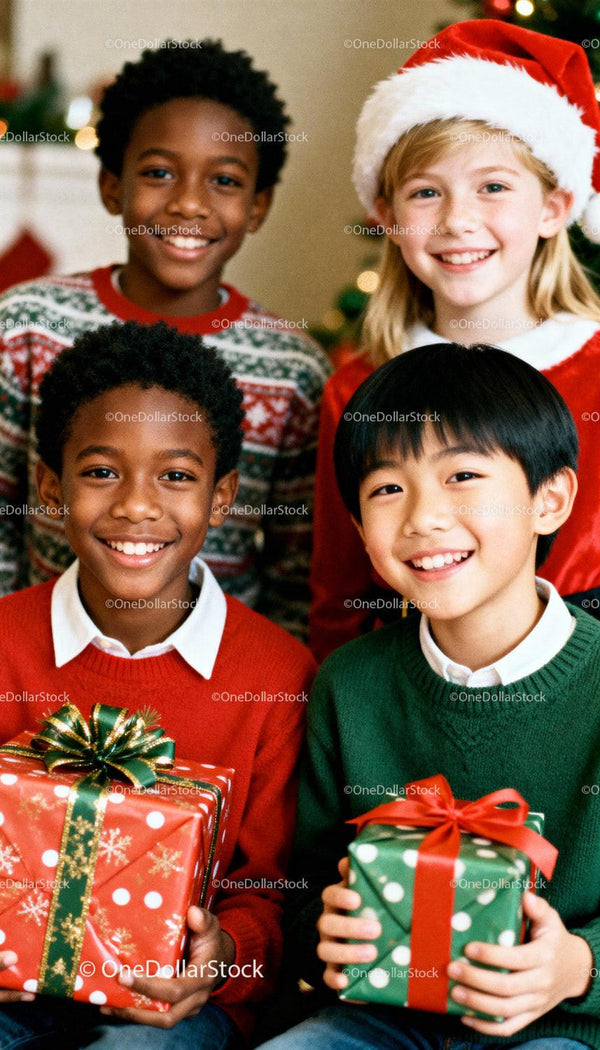 Happy diverse kids celebrating Christmas with gifts