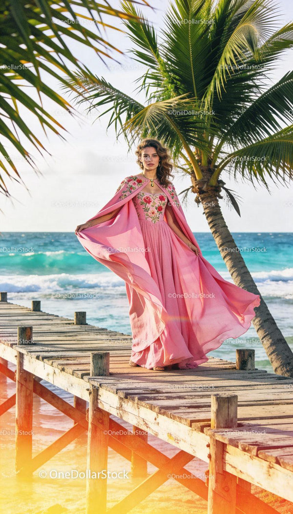 Elegant woman in flowing pink gown on tropical pier