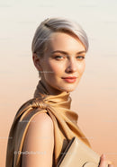 Elegant Young Woman with Short Platinum Hair Holding a Handbag