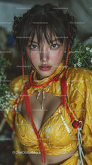 Young Woman in Yellow Raincoat with Wet Hair and Intense Eyes