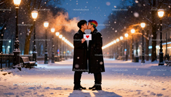 Couple sharing a tender kiss in snowy evening street