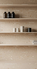 Modern Bathroom Shelf Decor with Black Bottles and Concrete Containers