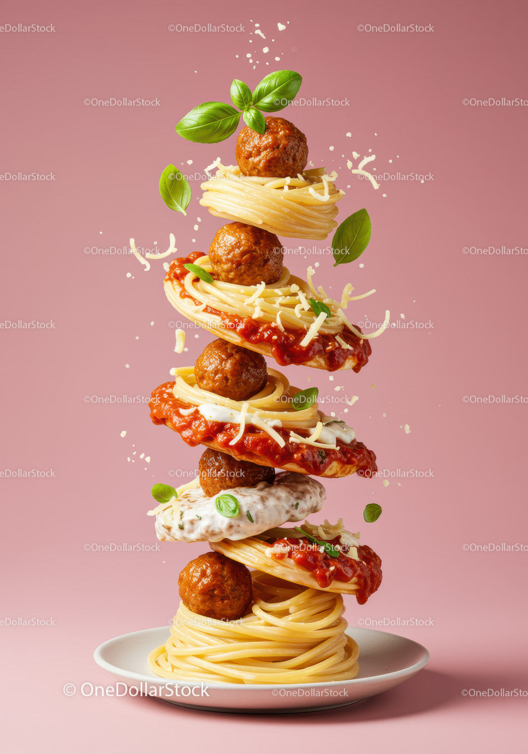Floating Spaghetti and Meatballs with Sauce and Basil