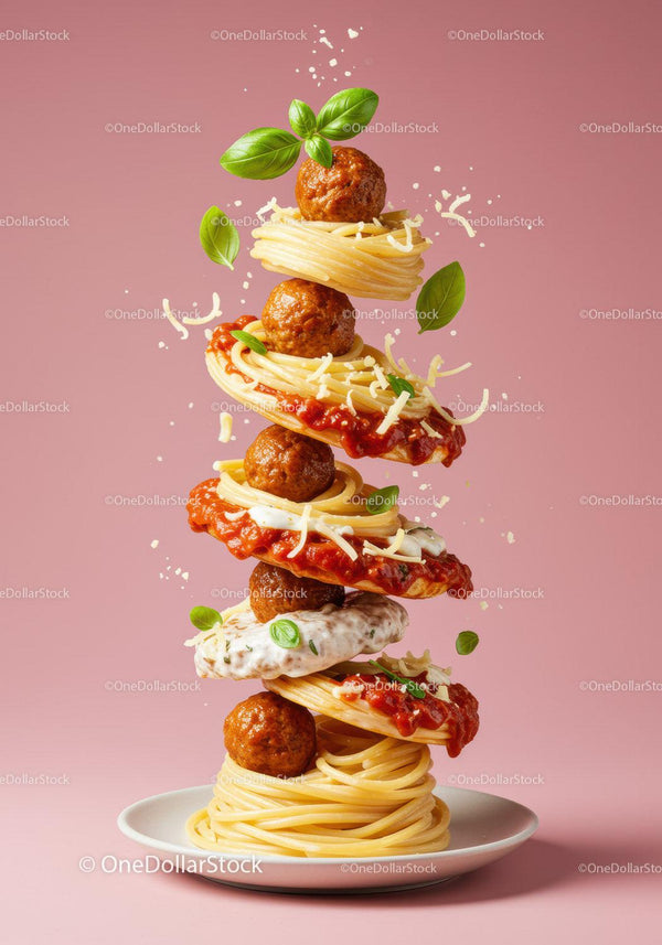 Floating Spaghetti and Meatballs with Sauce and Basil