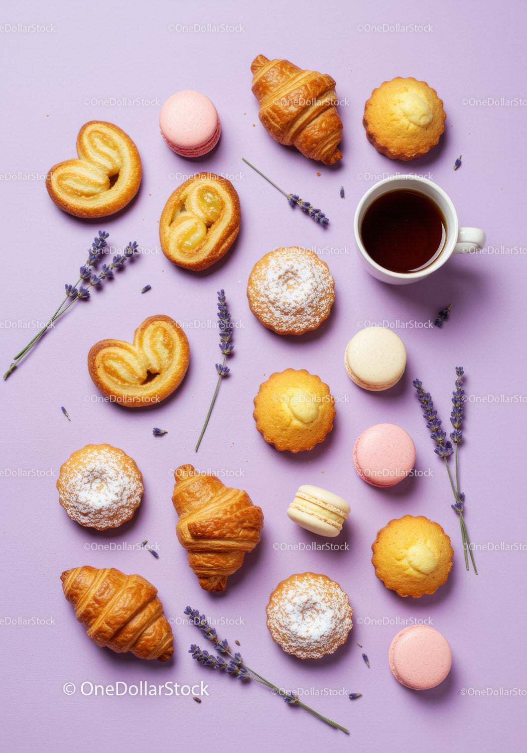 Assorted French Pastries with Coffee and Lavender on Purple