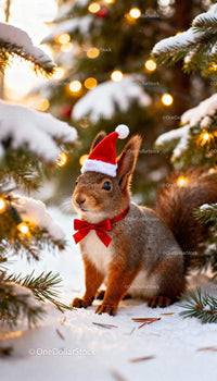 Squirrel Wearing Santa Hat in Snowy Pine Forest