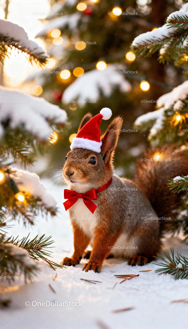 Squirrel Wearing Santa Hat in Snowy Pine Forest