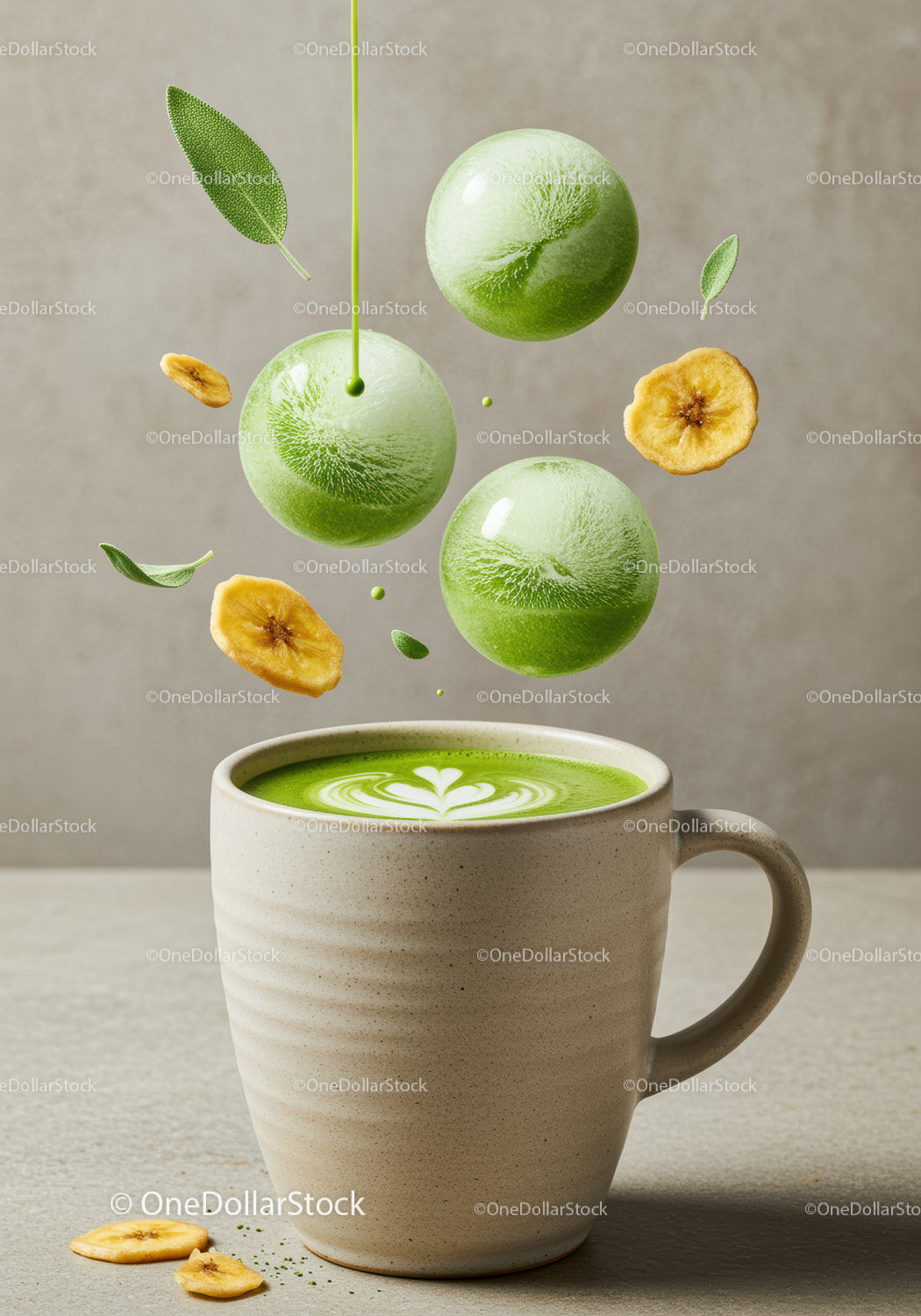 Fresh matcha latte with banana chips and sage leaves