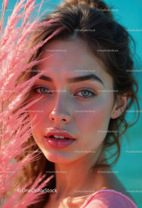 Portrait of a Young Woman with Blue Eyes and Pink Flowers