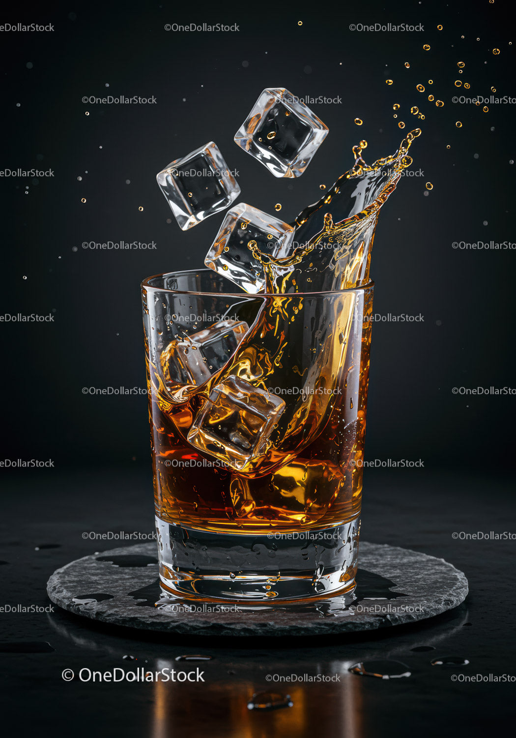 Refreshing whiskey splash with ice cubes in glass