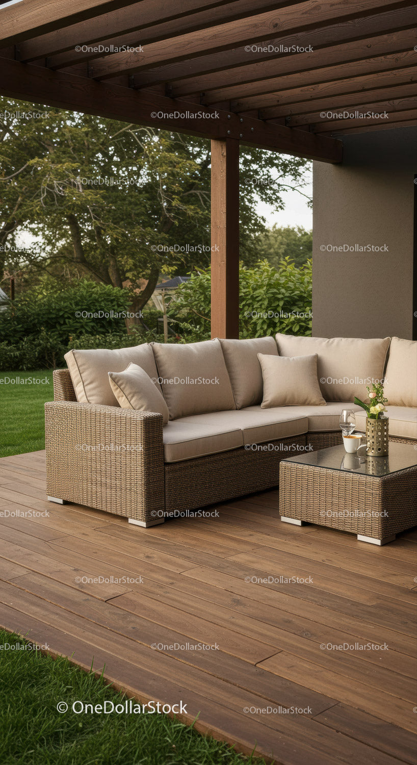 Elegancka beżowa sofa ogrodowa z poduszkami i drewnianym tarasem