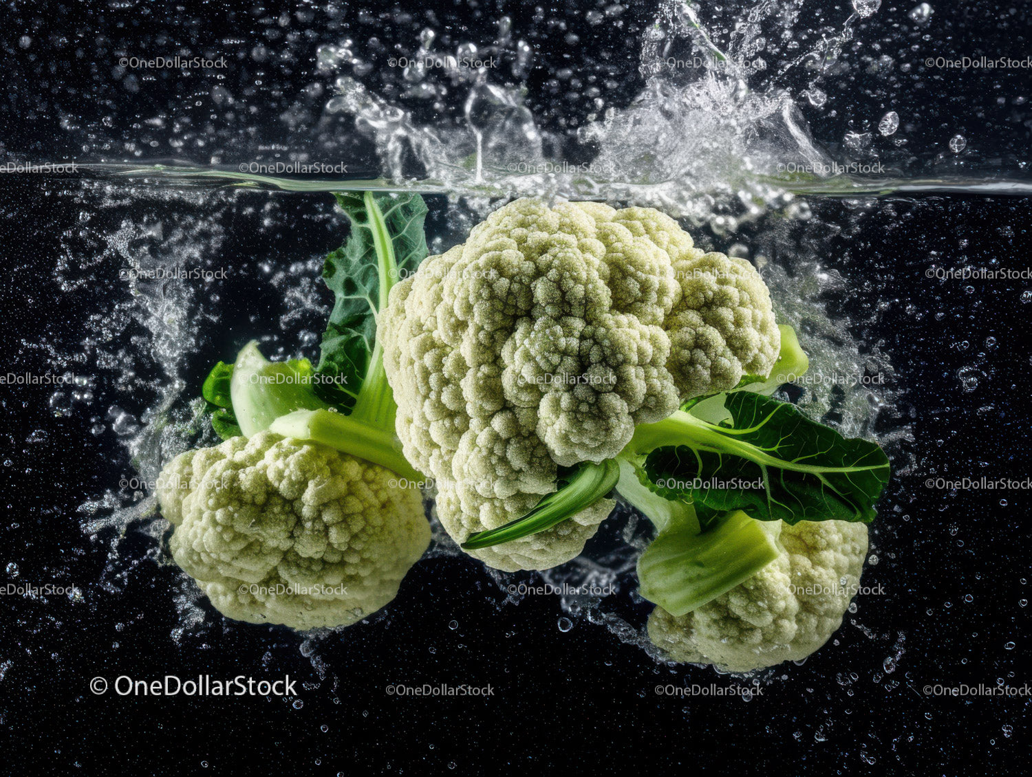 Fresh Cauliflower Head with Green Leaves and Water Droplets