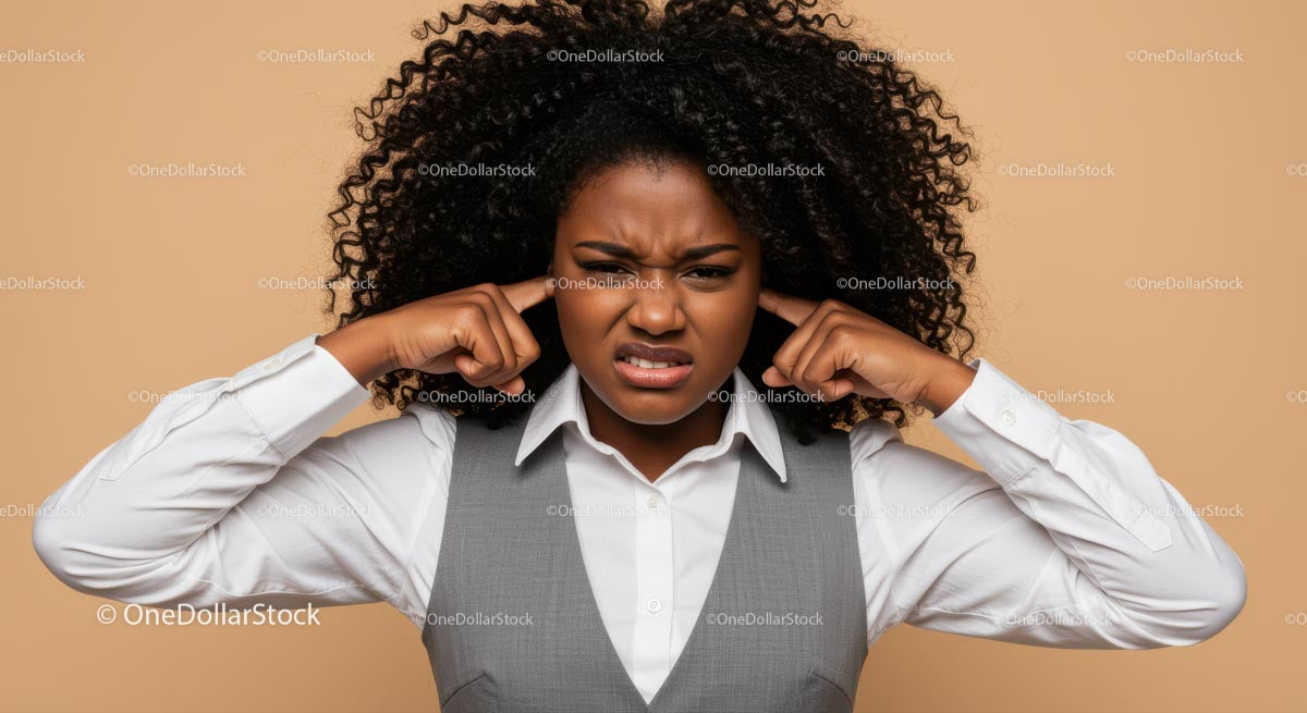 Frustrated Woman Covers Ears Against Noise in Business Attire