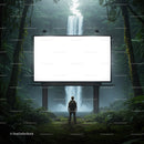 Explorer standing before blank billboard near waterfall