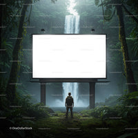 Explorer standing before blank billboard near waterfall