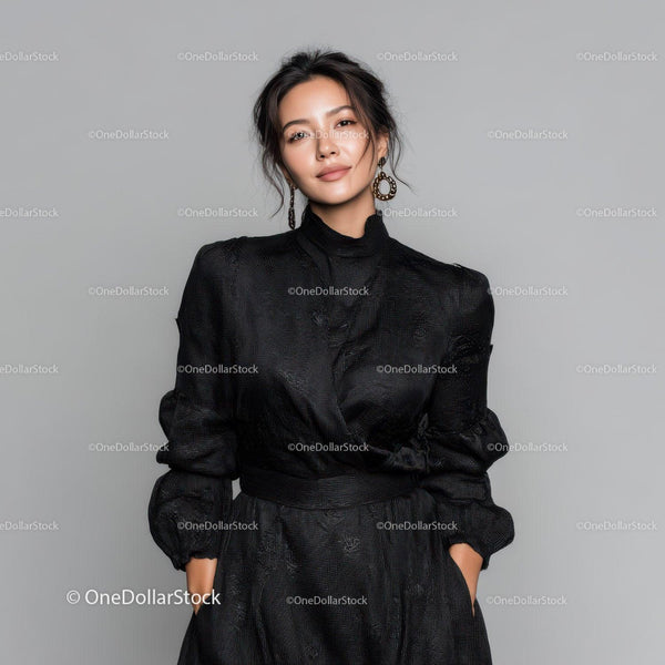 Elegant Woman in Black Dress with Statement Earrings in Studio