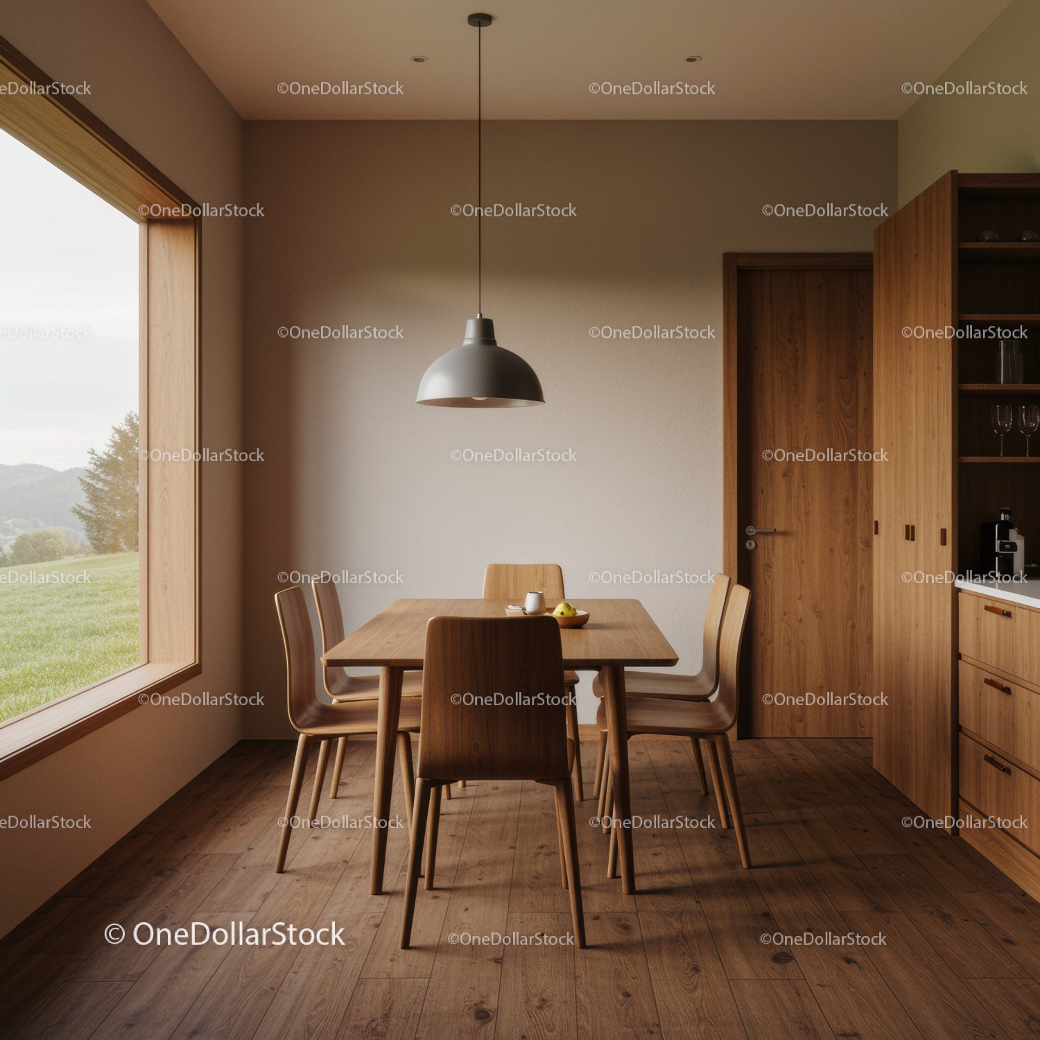 Przytulna drewniana jadalnia o minimalistycznym designie i naturalnym świetle