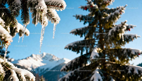 Snowy pine branches with icicles against mountain sky