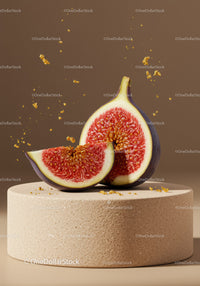 Fresh fig slices with golden splashes on beige stand