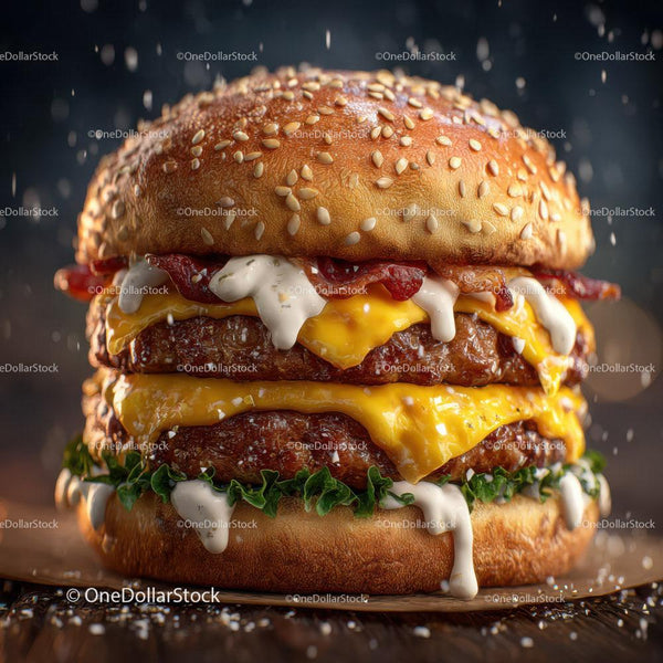 Delicious Double Cheeseburger with Bacon and Fresh Vegetables Stock Photo Bundle (22 JPG Files)