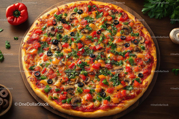 Kolorowa wegetariańska pizza warzywna z pieczarkami i oliwkami
