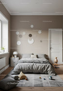 Modern Bedroom with Checkered Pillows and Circular Wall Mirrors