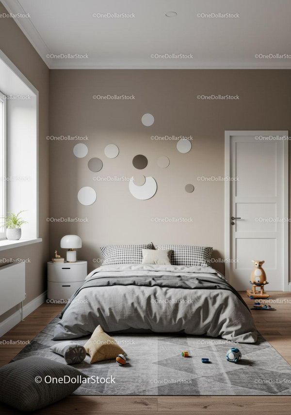 Modern Bedroom with Checkered Pillows and Circular Wall Mirrors