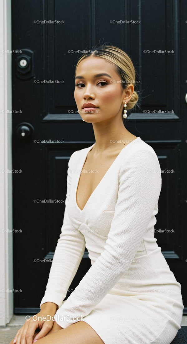 Elegant woman in white dress sitting by black door